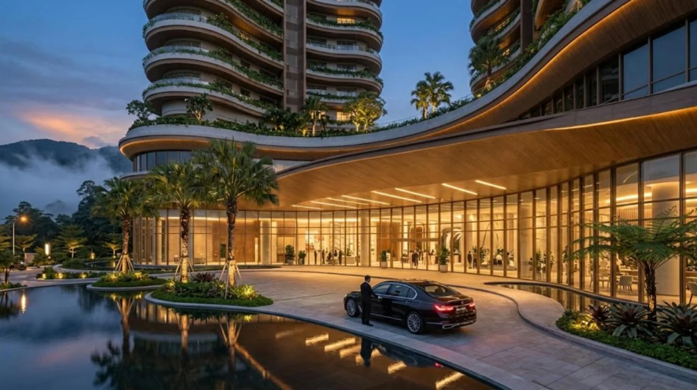 Concept view of the sheltered porte cochère, reflecting pool and glowing event atrium at the Level 01 arrival