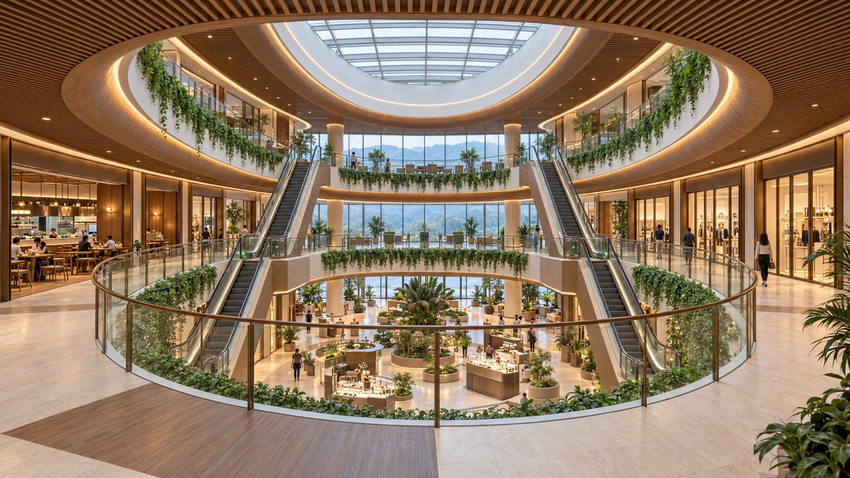 Revised three-level atrium concept: an open central void and one up and one down escalator on opposite flanks for each adjacent-level connection