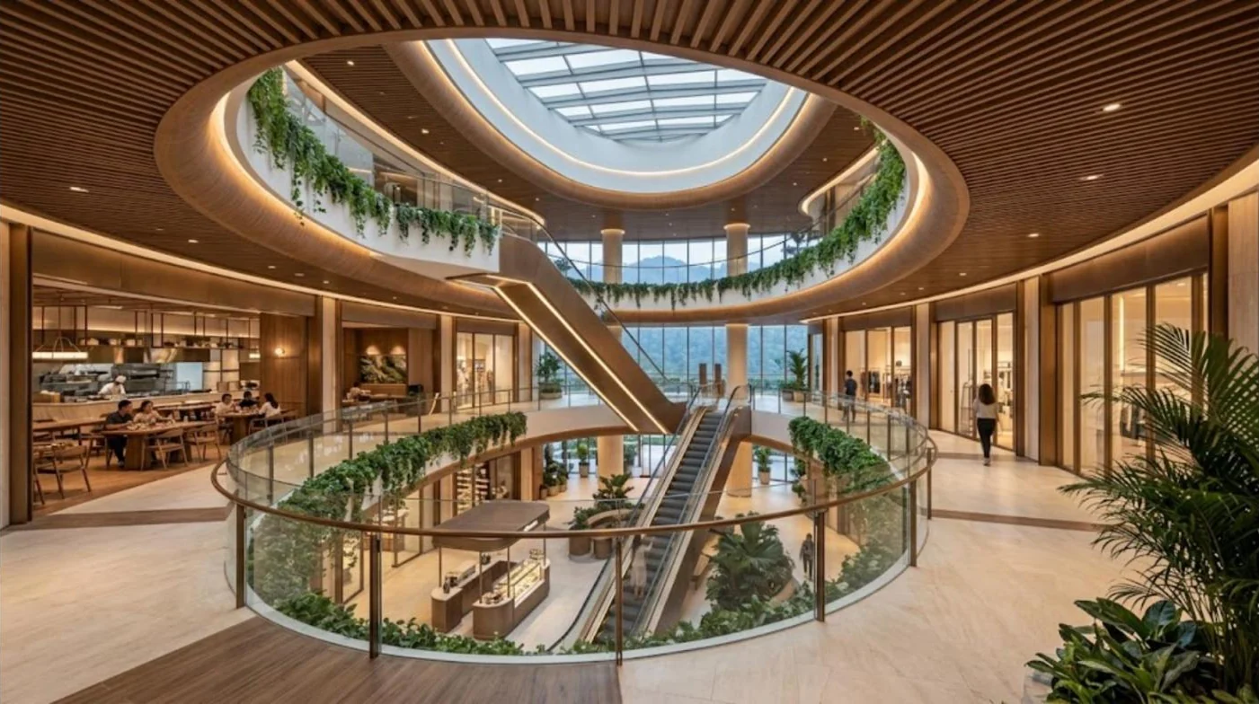 Concept interior of the Level 02 atrium with escalators, a ring promenade, food hall and boutiques