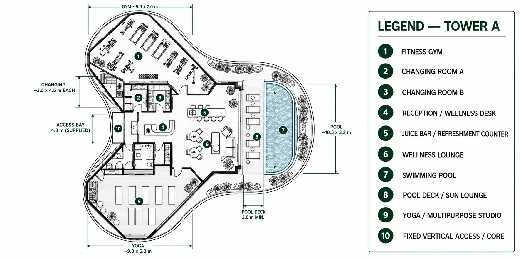Tower A top-floor Active Wellness Club plan with ten numbered spaces