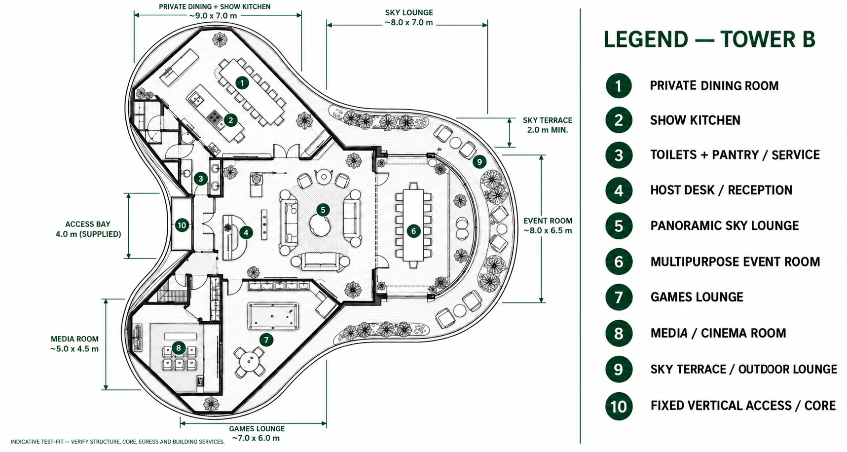 Tower B top-floor Social and Leisure Club plan with ten numbered spaces