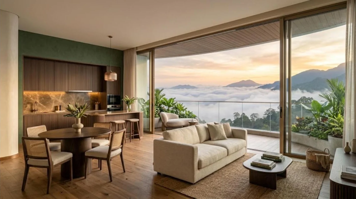 Concept interior of a one-bedroom residence opening onto a curved planted balcony above the clouds