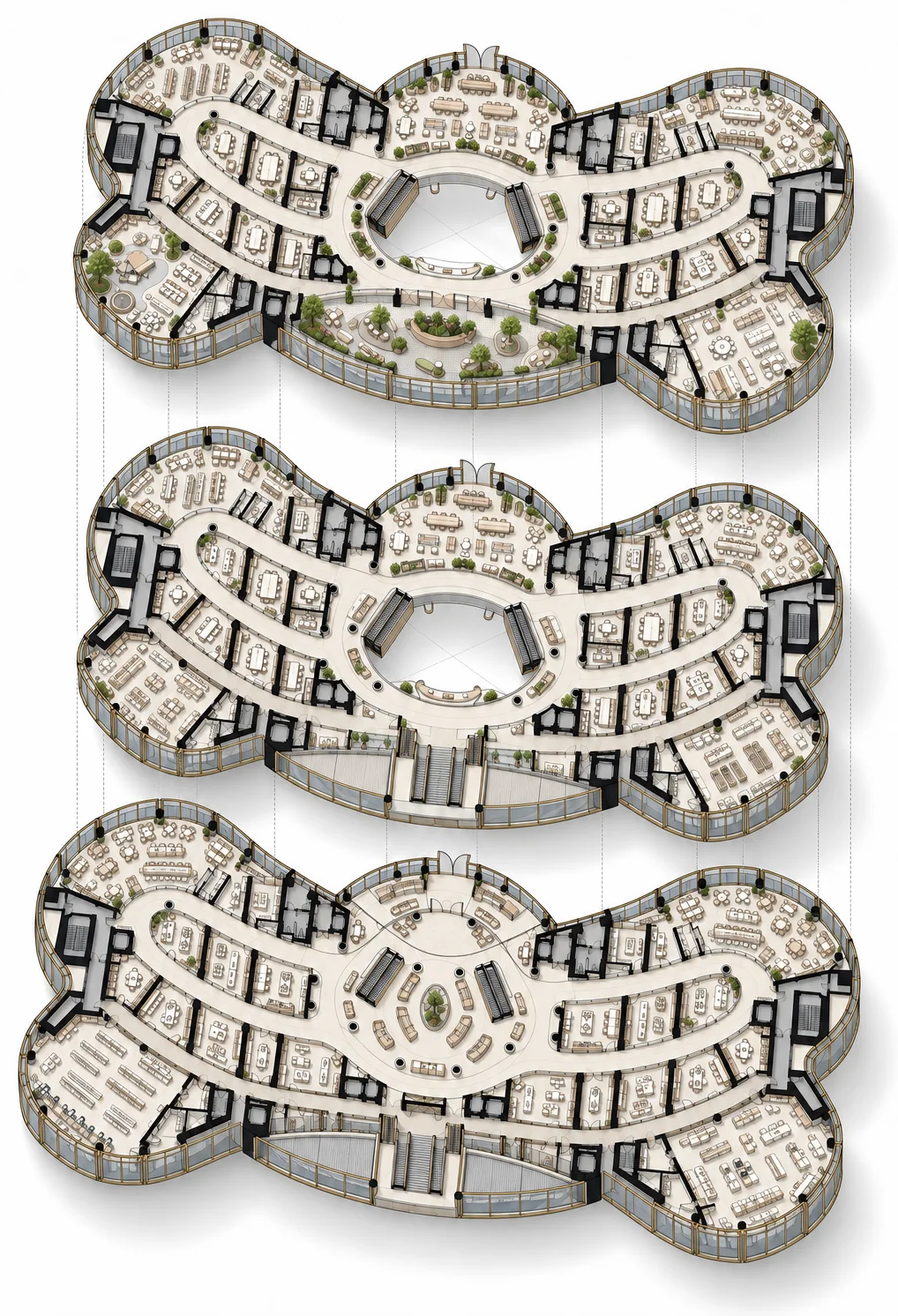 Exploded axonometric of the three podium levels stacked above one another, with aligned cores