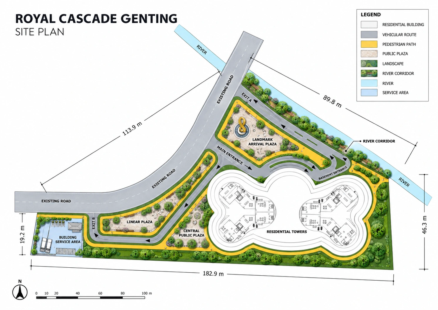 North-up schematic site plan: landmark arrival plaza, one-way route, basement entry, Exit A and Exit B, western service yard and landscaped river corridor