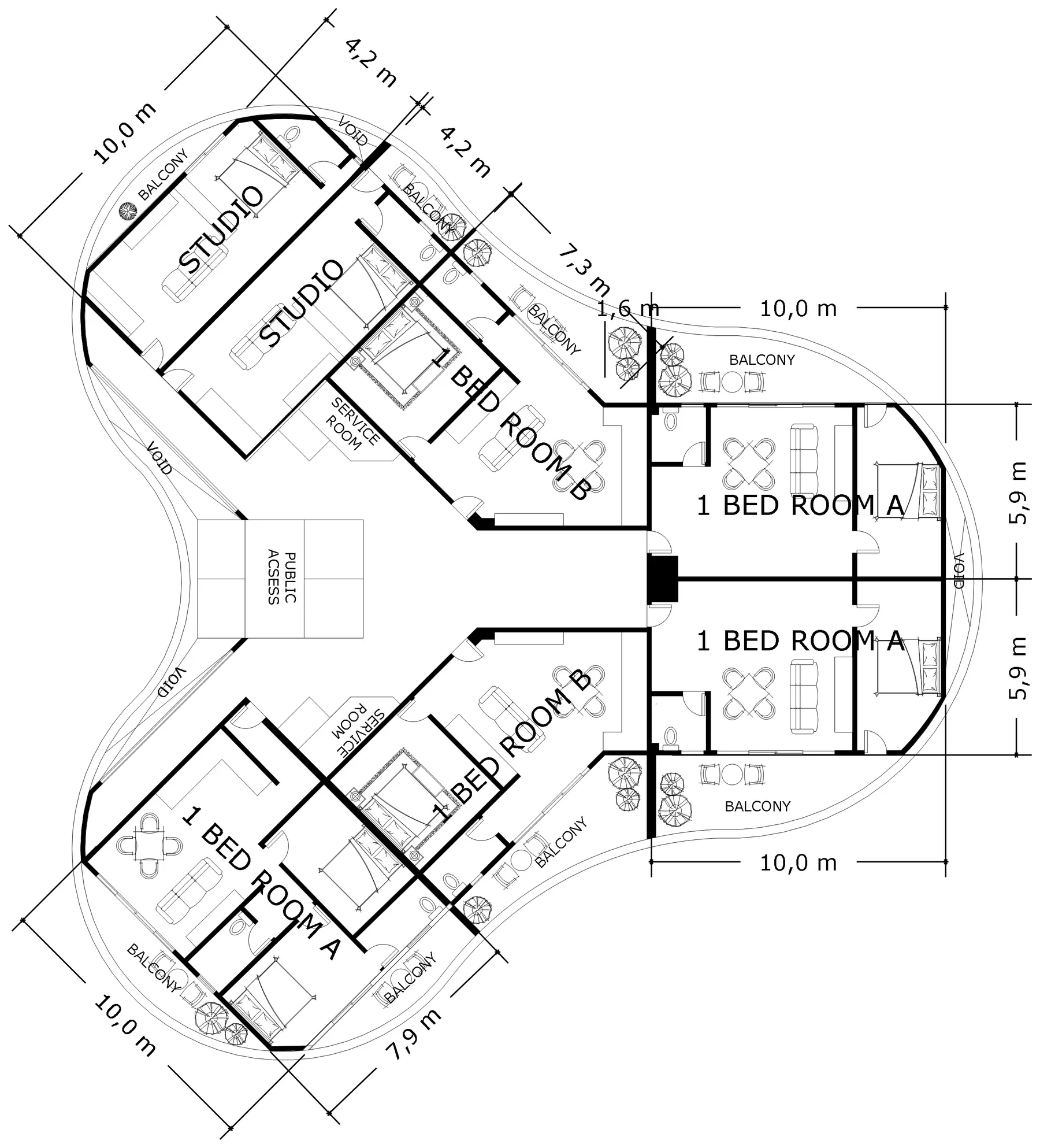 Dimensioned typical floor plan showing the allocation of seven units and bay dimensions