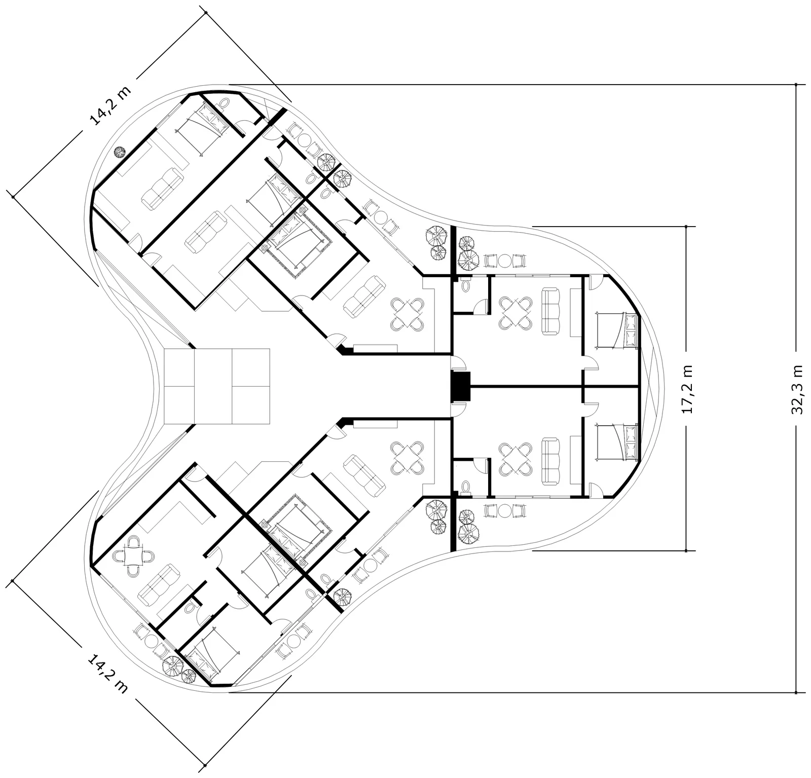 Typical floor plate with overall dimensions of 32.3 m, 17.2 m and 14.2 m
