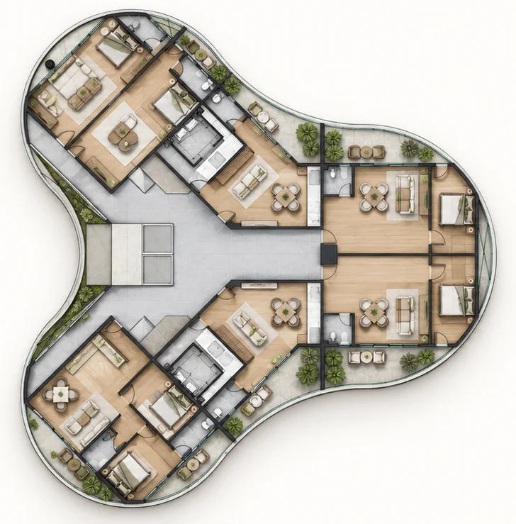 Rendered typical residential floor plate: three curved wings with planted balconies around a central core