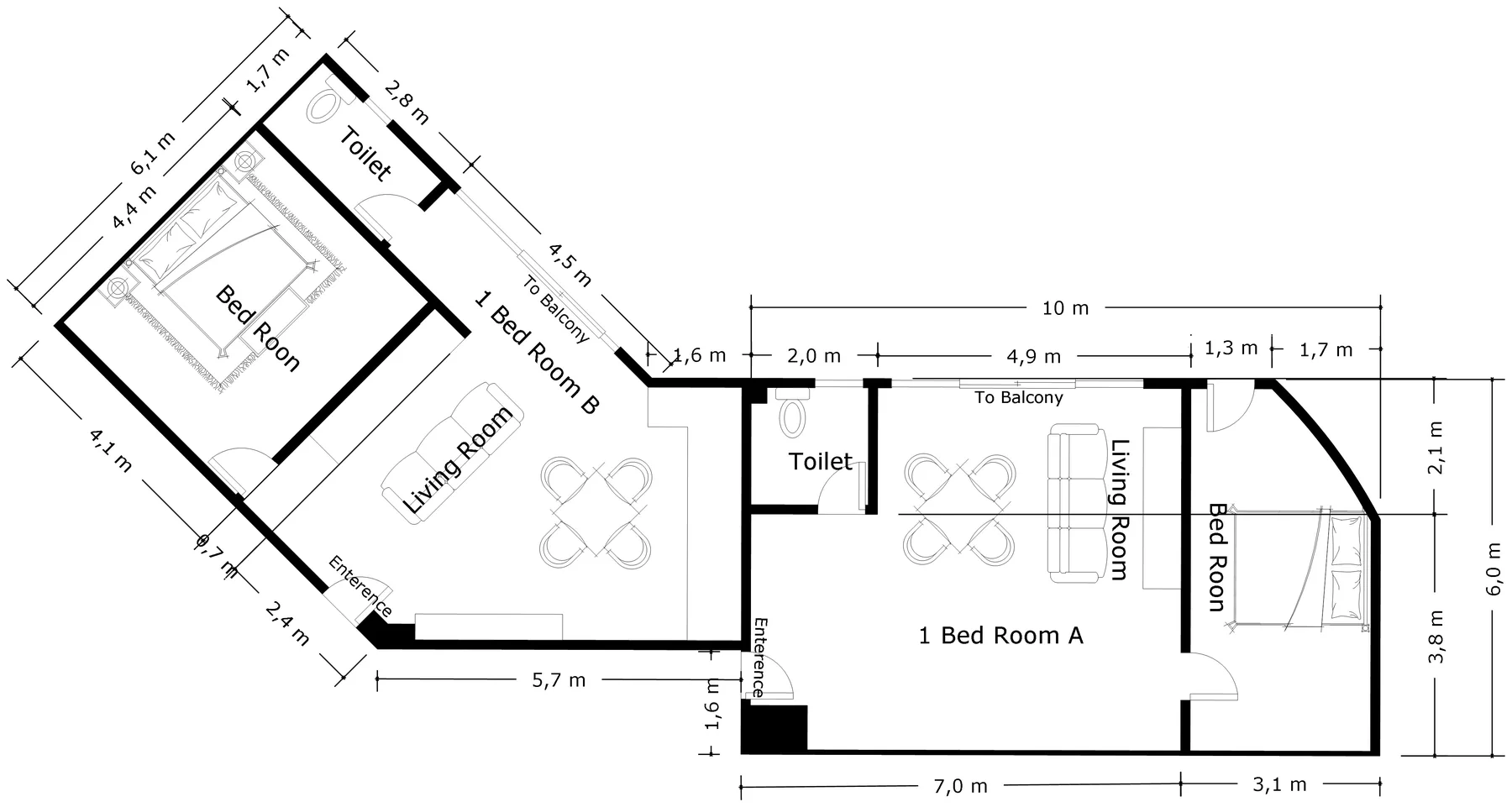 Dimensioned one-bedroom Type A and Type B unit plans
