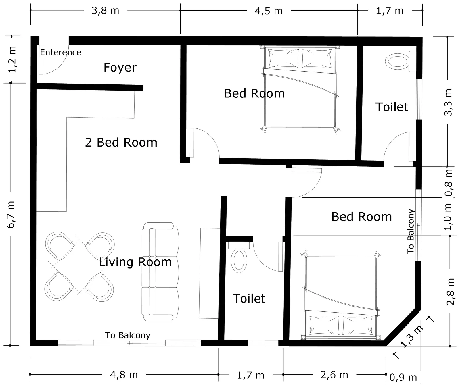Dimensioned two-bedroom corner unit plan