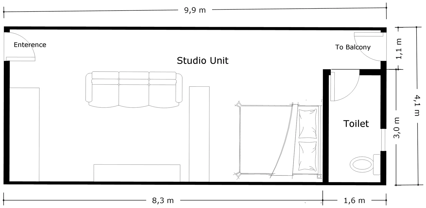 Dimensioned studio unit plan, 9.9 m by 4.1 m